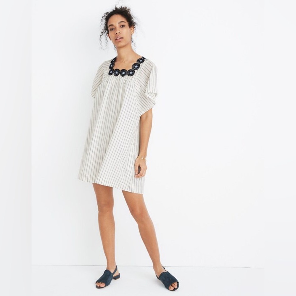 Madewell Striped White and Navy Embroidered Dress